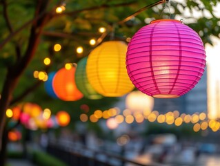 Obraz premium Vibrant Lanterns Illuminate the Festival Atmosphere in Japan