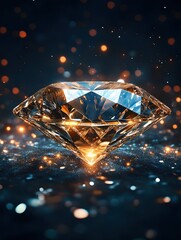 Fototapeta premium Radiant Diamond Gemstone Shines Brightly Against a Dark Backdrop with Sparkling Bokeh Lights