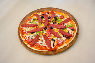 Traditional Turkish cuisine. Pizza, pita, pidesi, sucuk, hummus, kebab. Many dishes on the table. Serving dishes in restaurant. Mix, formaggi, veggie pizza. Top view, flat lay