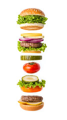 Burger ingredients floating, isolated on white background