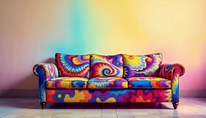 Colorful Psychedelic Couch with Rainbow Background for Unique Interior Design