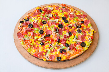 Traditional Turkish cuisine. Pizza, pita, pidesi, sucuk, hummus, kebab. Many dishes on the table. Serving dishes in restaurant. Mix, formaggi, veggie pizza. Top view, flat lay