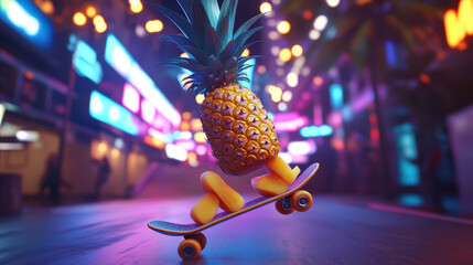 A Fun Pineapple Skateboarding Through a Colorful Urban Street at Night Under Vibrant Lights
