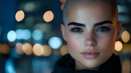 Young woman with striking blue eyes and flawless makeup against blurred city lights background creating dreamy bokeh effect at dusk, soft focus portrait.