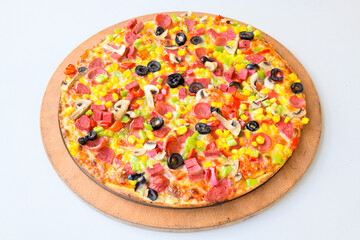 Traditional Turkish cuisine. Pizza, pita, pidesi, sucuk, hummus, kebab. Many dishes on the table. Serving dishes in restaurant. Mix, formaggi, veggie pizza. Top view, flat lay