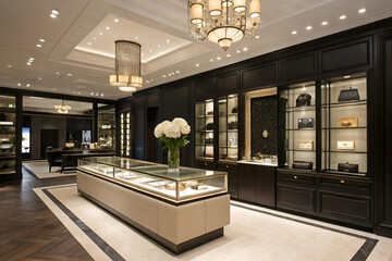 Luxury Boutique Interior Design Featuring Dark Wood And Elegant Lighting Design Showroom And Cases Displaying Expensive Items For Sale In A Modern Retail Setting For High End Brands