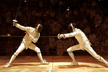 Fototapeta premium Intense Fencing Match in Action During Competition in Arena with Spectators