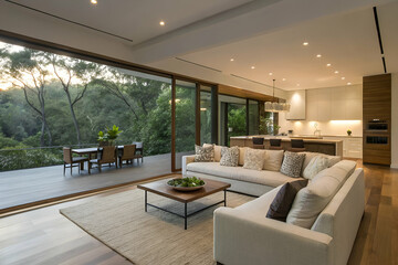 Modern Open Plan Living Area With Forest ViewAnd Patio Space. Natural Light Style And Elegant Cozy Furniture Design In Beige And White. Contemporary Design Interior Details And Architecture