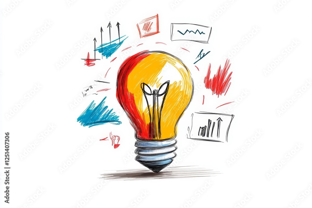 Poster a sleek line-art illustration of an idea light bulb filled with knowledge symbols