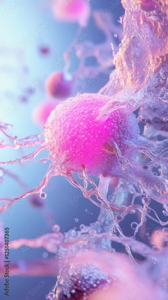 Poster microscopic visualization revealing intricate interactions between cancer cells and surrounding flui