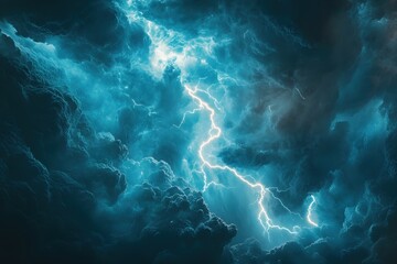 Dramatic celestial display of electric lightning illuminating stormy clouds in a dark blue sky