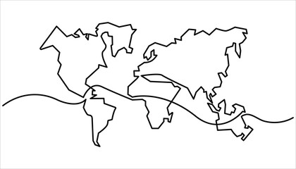 World map continuous one line drawing. World map continent line symbol. continuous Earth line drawing symbol. World map one line art, hand drawn.