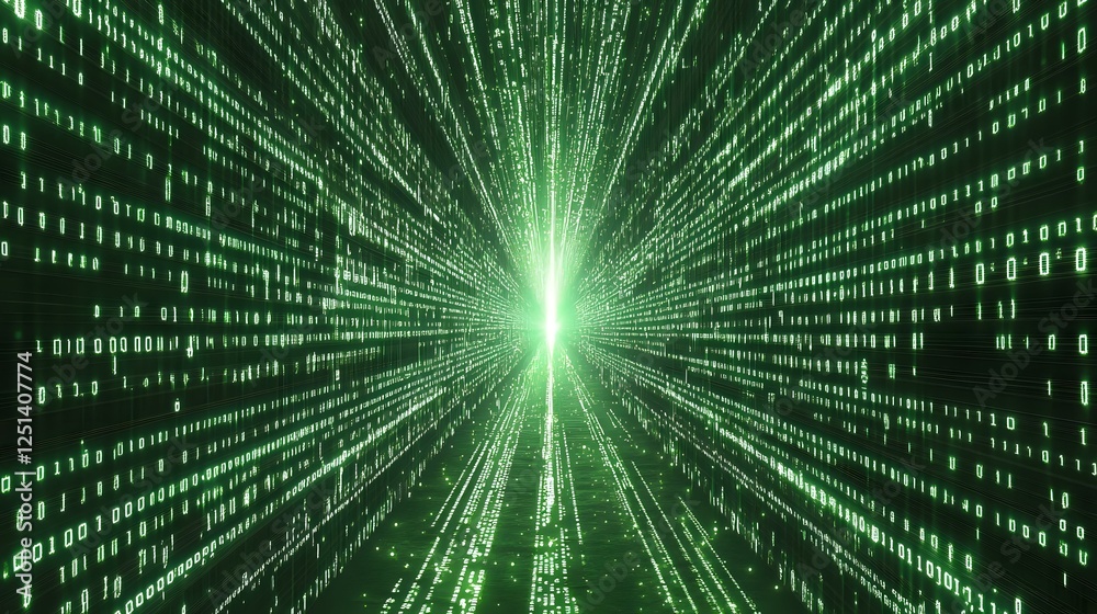 Poster digital matrix code streaming in green light with perspective tunnel effect and binary numbers flowi