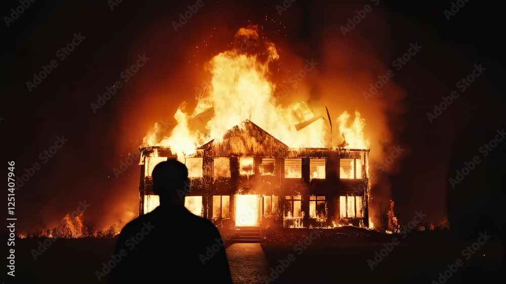Poster silhouette of a person watching a large building consumed by flames at night, creating a dramatic an