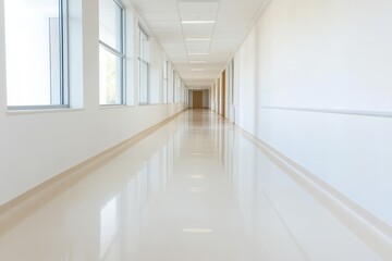 Fototapeta premium Modern Hospital Corridor Design, Clean Minimalist Architecture, Bright Interior Space, Sterile Environment