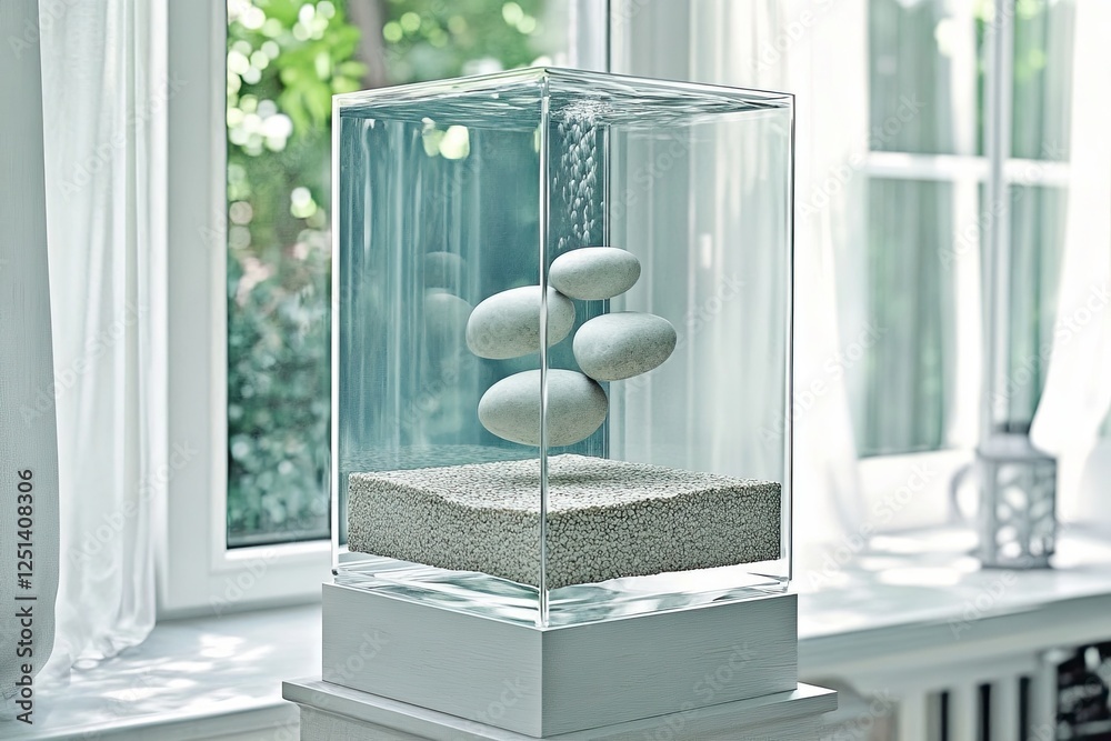 Poster floating pebbles create a dreamlike atmosphere in a clear glass aquarium setting