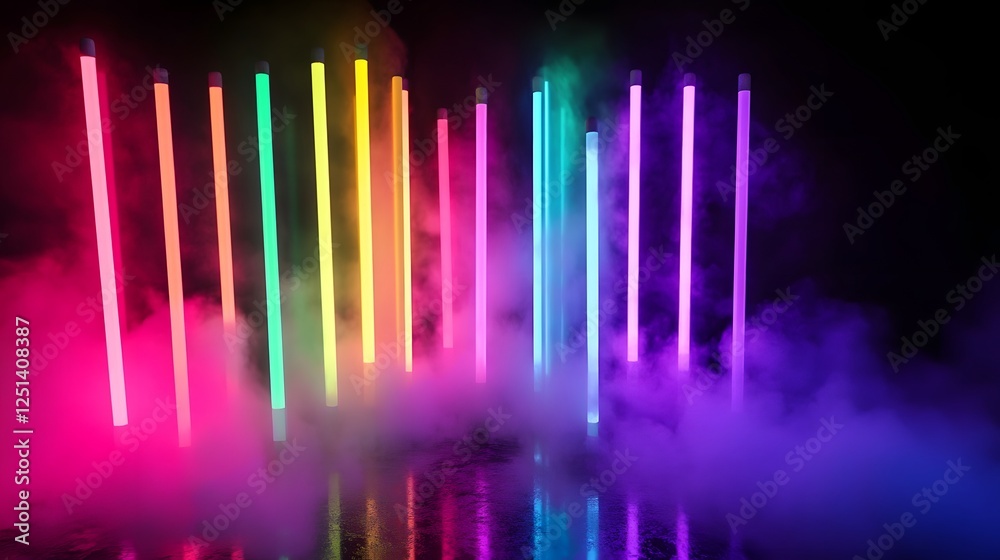 Poster Captivating abstract image featuring a mesmerizing display of neon lights glowing fluorescent tubes and dynamic patterns in a variety of vibrant colors