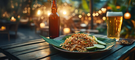 Delicious Pad Thai with Peanuts and Lime Served on a Leafy Plate Next to a Cold Beer in a Vibrant Outdoor Setting with Soft Background Lights