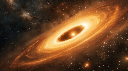 Interstellar black hole with glowing accretion disk and singularity nucleus. Concept 3D illustration of cosmic wormhole on starry space background. Theory of relativity and quantum physics wallpaper.