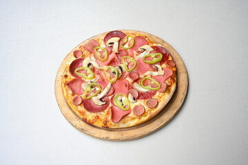 Traditional Turkish cuisine. Pizza, pita, pidesi, sucuk, hummus, kebab. Many dishes on the table. Serving dishes in restaurant. Mix, formaggi, veggie pizza. Top view, flat lay