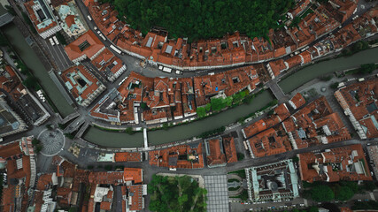 Establishing Aerial view of Ljubljana Castle on hill in historical city. Capital of Slovenia,...