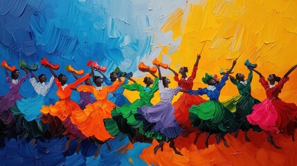 Acrylicpainted St Patrick s Day parade scene with dancers and musicians, colorful and lively brushwork