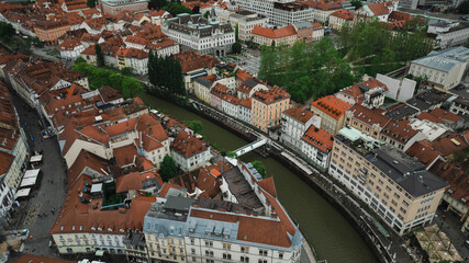 Establishing Aerial view of Ljubljana Castle on hill in historical city. Capital of Slovenia,...