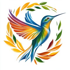 Obraz premium Vibrant and Colorful Hummingbird Surrounded by Artistic Leaves and Floral Elements Representing Nature and Beauty in a Decorative Style