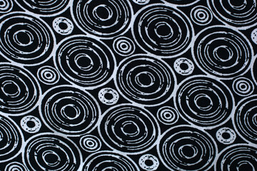 black background with white circles. texture of black fabric with geometric patterns.