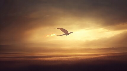 Dragon sunset flight, misty field, fantasy art