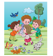 Cute cartoon hand drawn vector Ringa Ringa Roses, Kids English Nursery Rhymes illustration.	