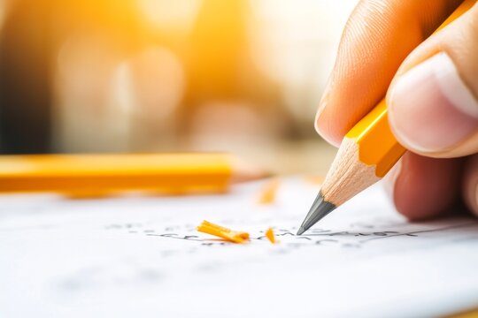 A ultra-detailed close-up of a student hand filling out a placement test answer sheet with a sharpened pencil