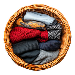 Wicker basket filled with folded woolen clothes isolated on a transparent background. Cozy knitwear in various colors and textures, arranged neatly inside a round wicker basketю