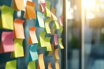 Colorful sticky notes cover a glass wall in a bright office space during the afternoon sun