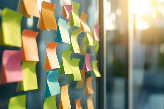 Colorful sticky notes cover a glass wall in a bright office space during the afternoon sun