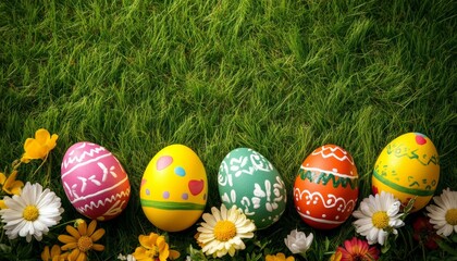 top view of spring flowers and colorful Easter eggs on plain color background with copyspace.