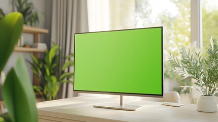 A green screen mockup featuring a monitor, perfect for digital editing and presentations.
