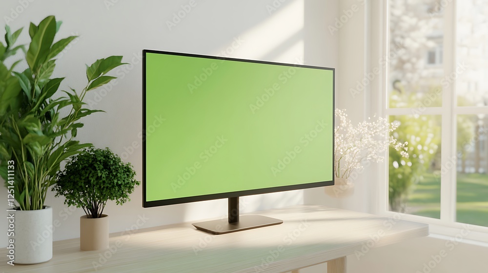 Poster A mockup of a monitor featuring a green screen, suitable for various digital projects and presentations.