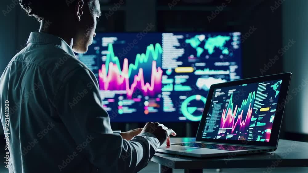 Aufkleber Data analyst working on a laptop with various charts and graphs displayed on a large screen in the background, showcasing data analysis in action, all in slow motion