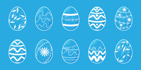 Happy Easter Set white eggs with different texture Spring holiday Vector Illustration Cartoon flat doodle egg with different ornaments Paschal object collection Decorative elements