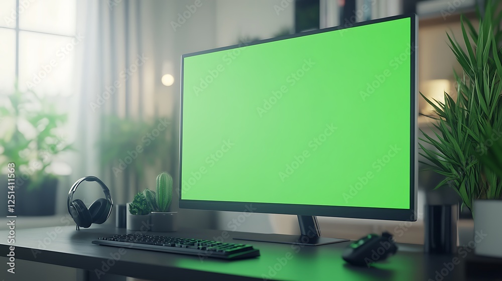 Poster a monitor displaying a green screen, set in a professional environment for creative projects or pres