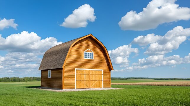 Rustic wooden barn on green field under bright blue sky with clouds