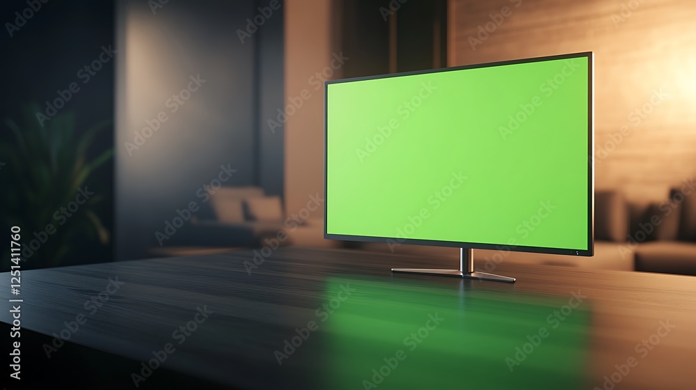 Poster A stylish metallic monitor featuring a vibrant green screen, ideal for modern tech and design contexts.