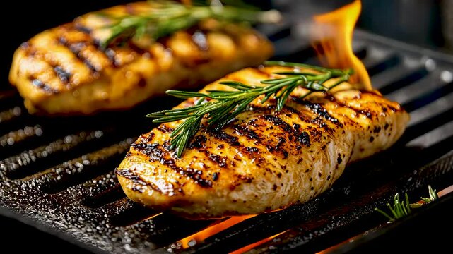 Grilling chicken breasts with herbs on a barbecue