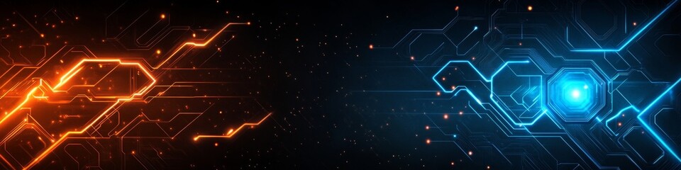 Obraz premium Futuristic Symmetrical Circuit Board Design with Glowing Orange and Blue Lines on Dark Background