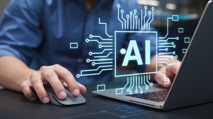 AI Technology Innovation:  Man Using Laptop with AI Interface