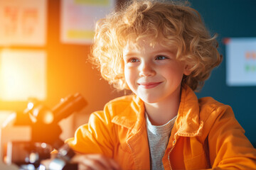 Young boy explores science with enthusiasm in a bright classroom setting during the afternoon