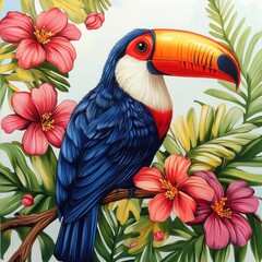 Fototapeta premium Colorful Toucan Among Tropical Flowers and Lush Green Foliage in a Vibrant Jungle Setting Near the Equator