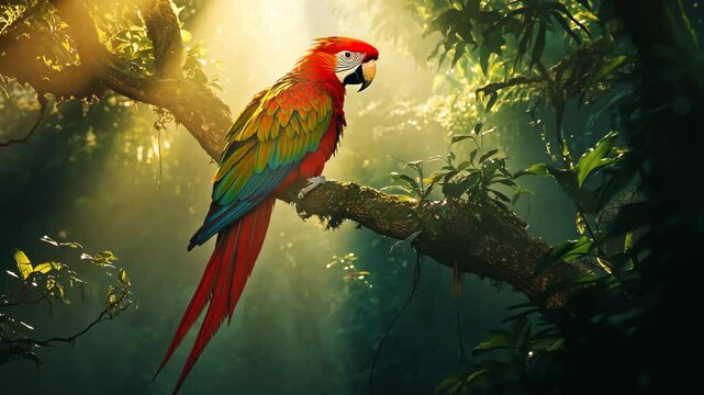 A colorful parrot perched on the branch of an ancient tree, surrounded by lush green foliage and sunlight filtering through the dense canopy of a tropical rainforest. 