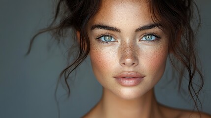 Naklejka premium A close-up portrait of a young woman showcasing her natural beauty and radiant skin highlights youthfulness and a healthy glow.
